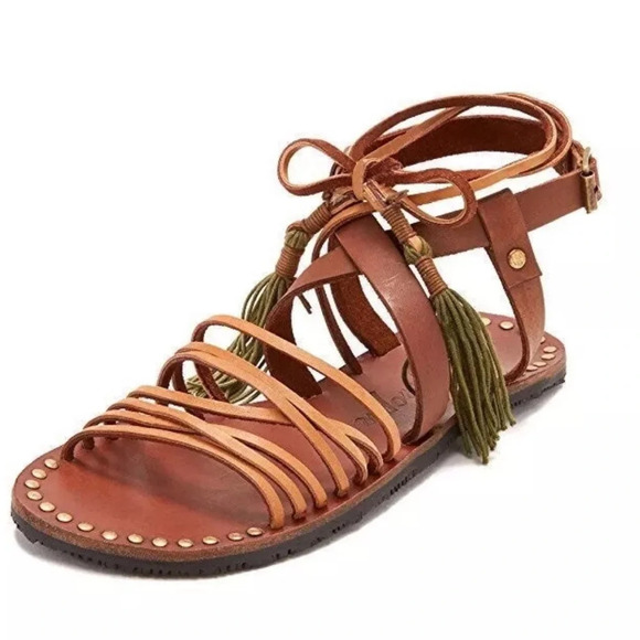 Free people Willow gladiator sandal size 6 Brown leather green tassels wrap boho - Picture 2 of 15